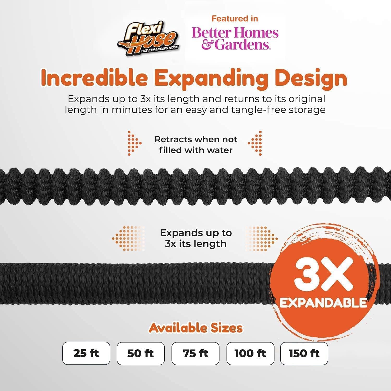 Flexi Hose Expandable Garden Hose with 8 Function Nozzle, 100FT - Lightweight Retractable Garden Hose, Water Hose - No-Kink Flexibility, 3/4 Inch Solid Brass Fittings and Double Latex Core 100ft Black