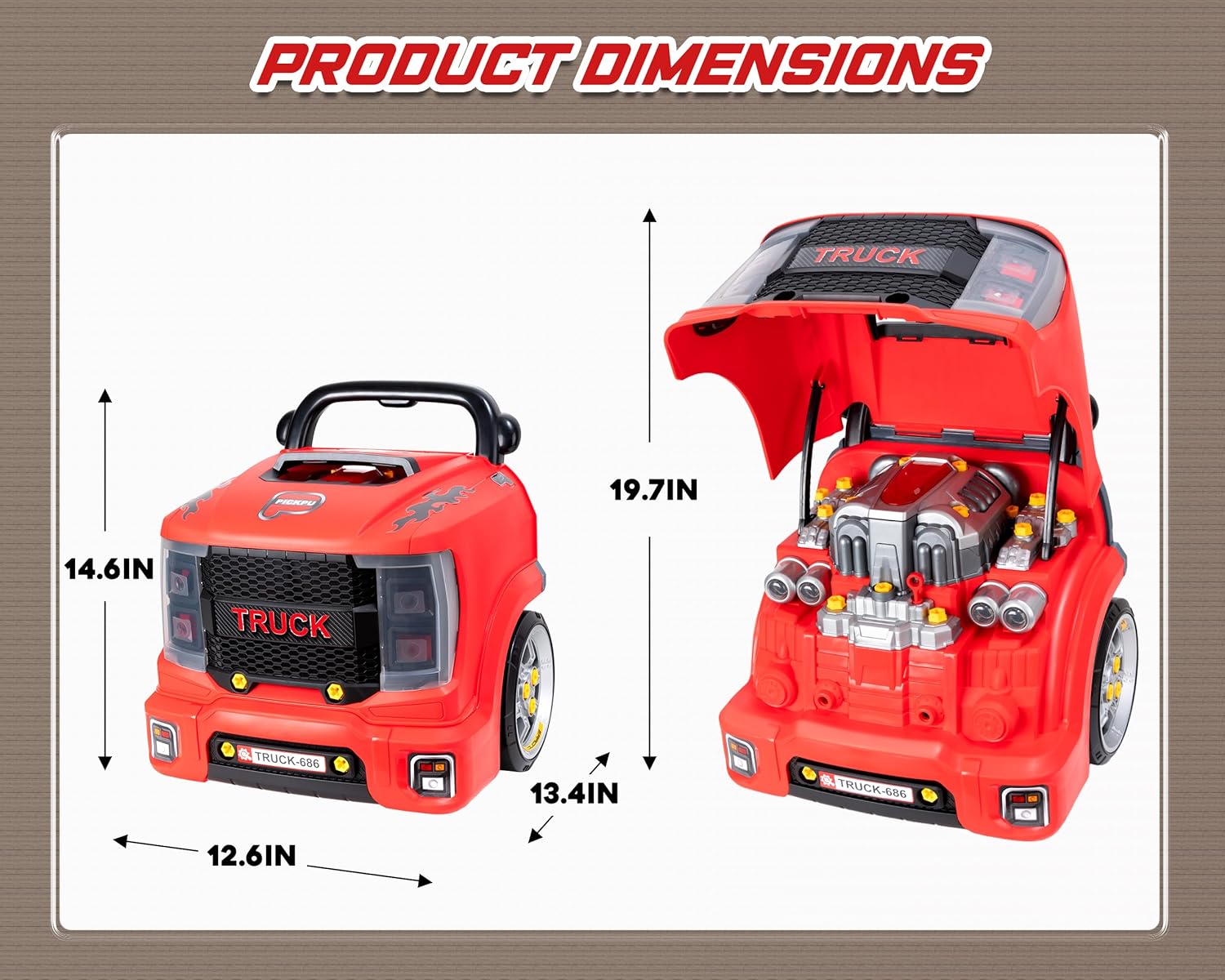 POFJOEQ Interactive Truck Engine Toy with Removable Parts Lights & Sounds, Aspiring Young Mechanic Set- Spark Creativity & Fine Motor Skills - Perfect Car Toys Gift for Toddlers 3-5 Boys (Red)