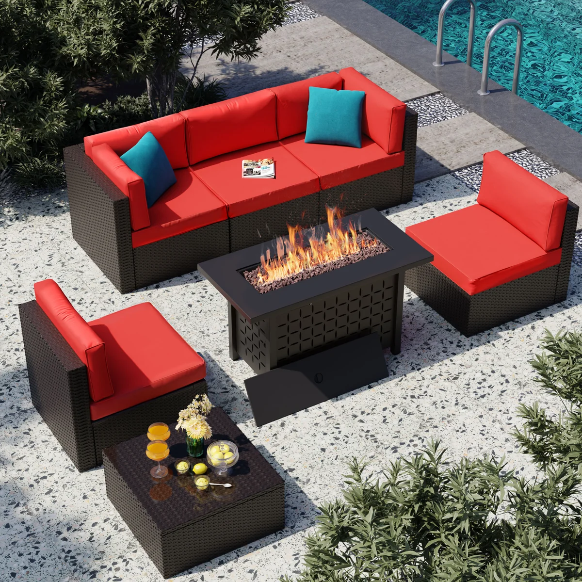 7-Piece Outdoor Rattan Patio Set with Fire Pit Table