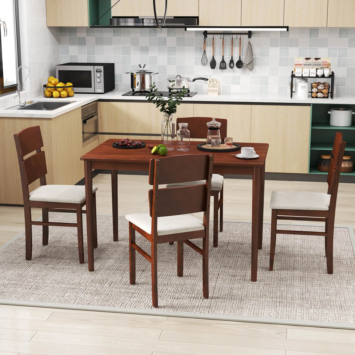 5 PCS Dining Table Set for 4 Farmhouse Wooden Table & 4 Upholstered Chairs