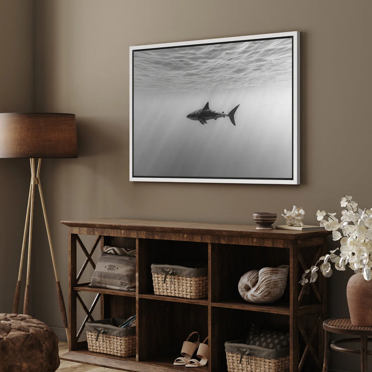 Black and White Shark Ocean Depth Modern Coastal Decor – Pictures Framed Canvas Print Wall Art