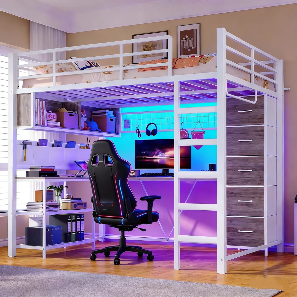 Box 2 Full Size Loft Bed with L-Shaped Desk & 5 Drawers - Space Saving Loft Bed with LED Lights, Charging Station, Shelves, Clothes Rail for Home Office, Dorm Room