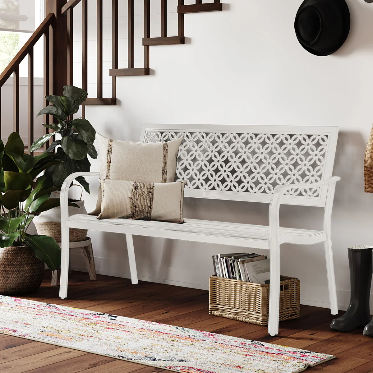 Roselynne 2-Person Steel Garden Bench with Floral Geometric Backrest for Outdoor Patio Backyard