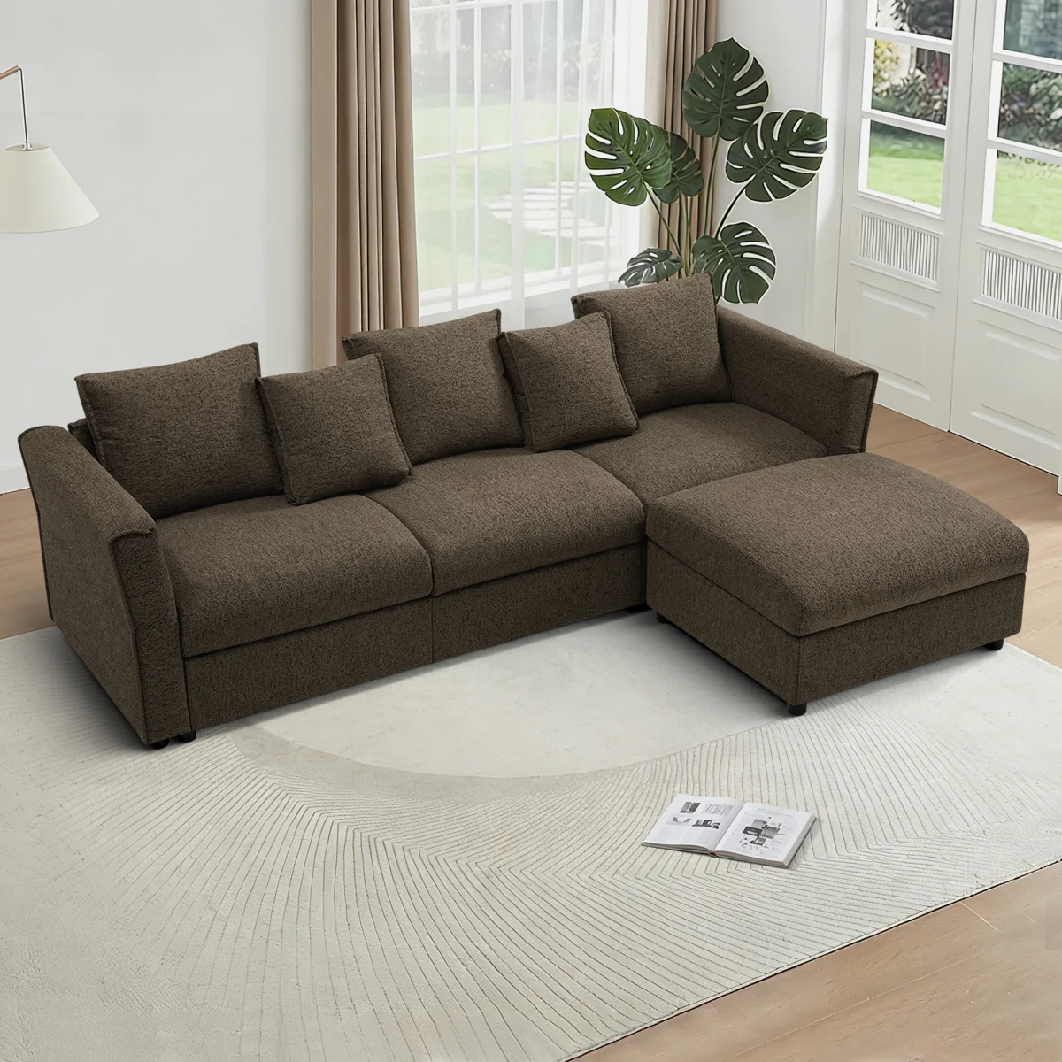 110” Oversized L-Shape Sofa With Adjustment Armrest, Chenille 3 Seater Sofa With Movable Ottoman, Upholstered Sectional Couch For Living Room, Apartment