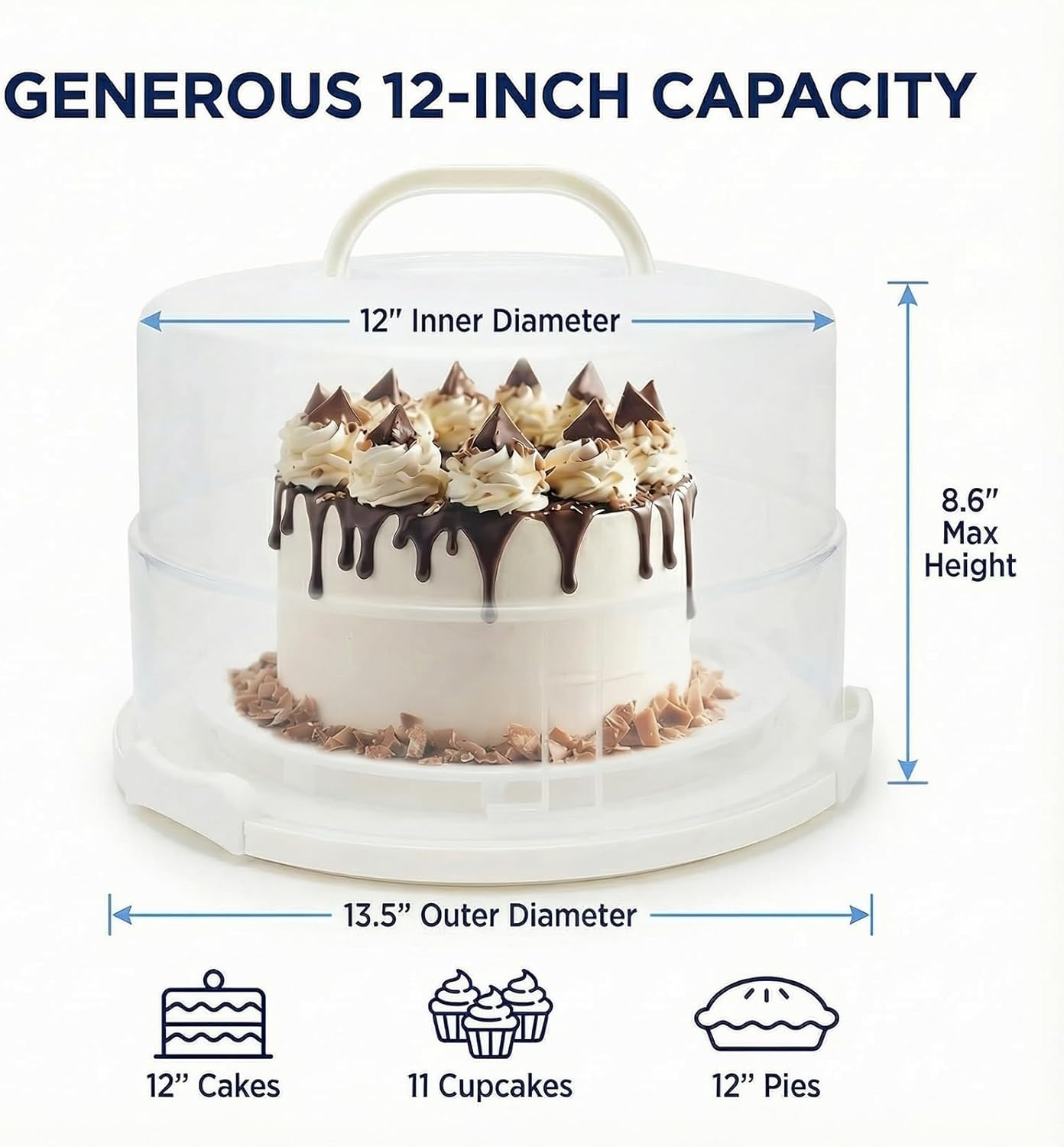 12 Inch Cake Carrier with Lid and Handle – Heavy-Duty Cake Container for Baking Events & Outdoor Trips | Adjustable Height,Portable Food Cake Carrier Storage Solution for Picnics & Camping White