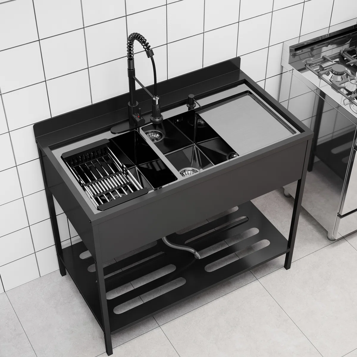 304 Stainless Steel Freestanding Sink Utility Kitchen Sink With Pull-out Faucet