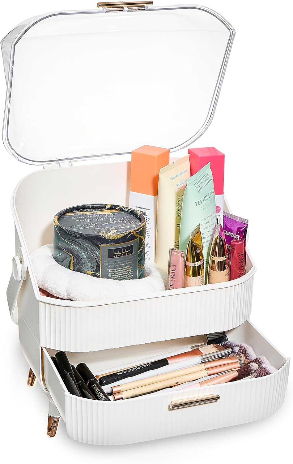 DwellStudio Dustproof Makeup Organizer for Cosmetics and Skincare - Stylish Storage Solution for Your Beauty Essentials Oval White