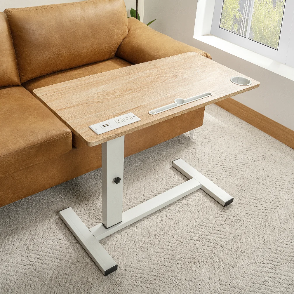 Adjustable Overbed Table with Wheels, Rolling Bedside Table, Portable Standing Cart & Laptop Desk for Bed, Recliner, Couch & Wheelchair, Hidden Casters, USB & C-Type Ports, Cup Holder