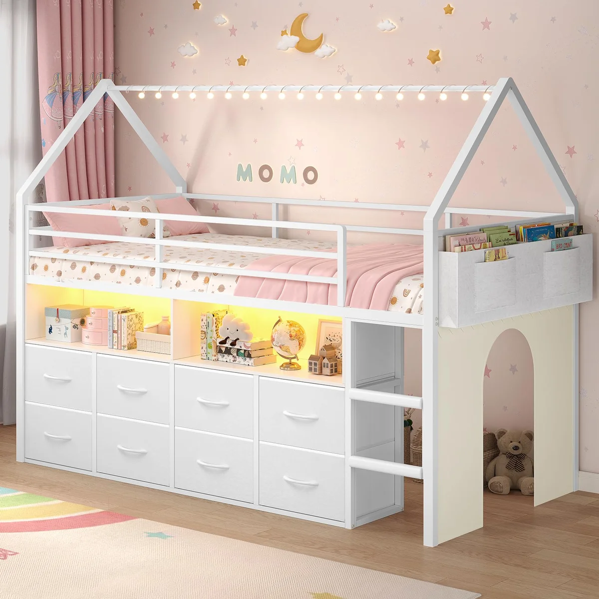 Twin Loft Bed With 8 Storage Drawers,house Shaped Metal Loft Bed With Led Lights And Bookcase,low Loft Bed With Ladder & 13.4" Guardrail,fun Space Under The Bed