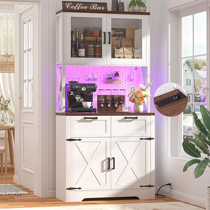 Integrated Multifunctional Buffet Storage Cabinet — Coffee Bar Counter With 6-Drawer Design, Featuring Adjustable Cabinetry, Pegboard, And Power Outlets (Incomplete)