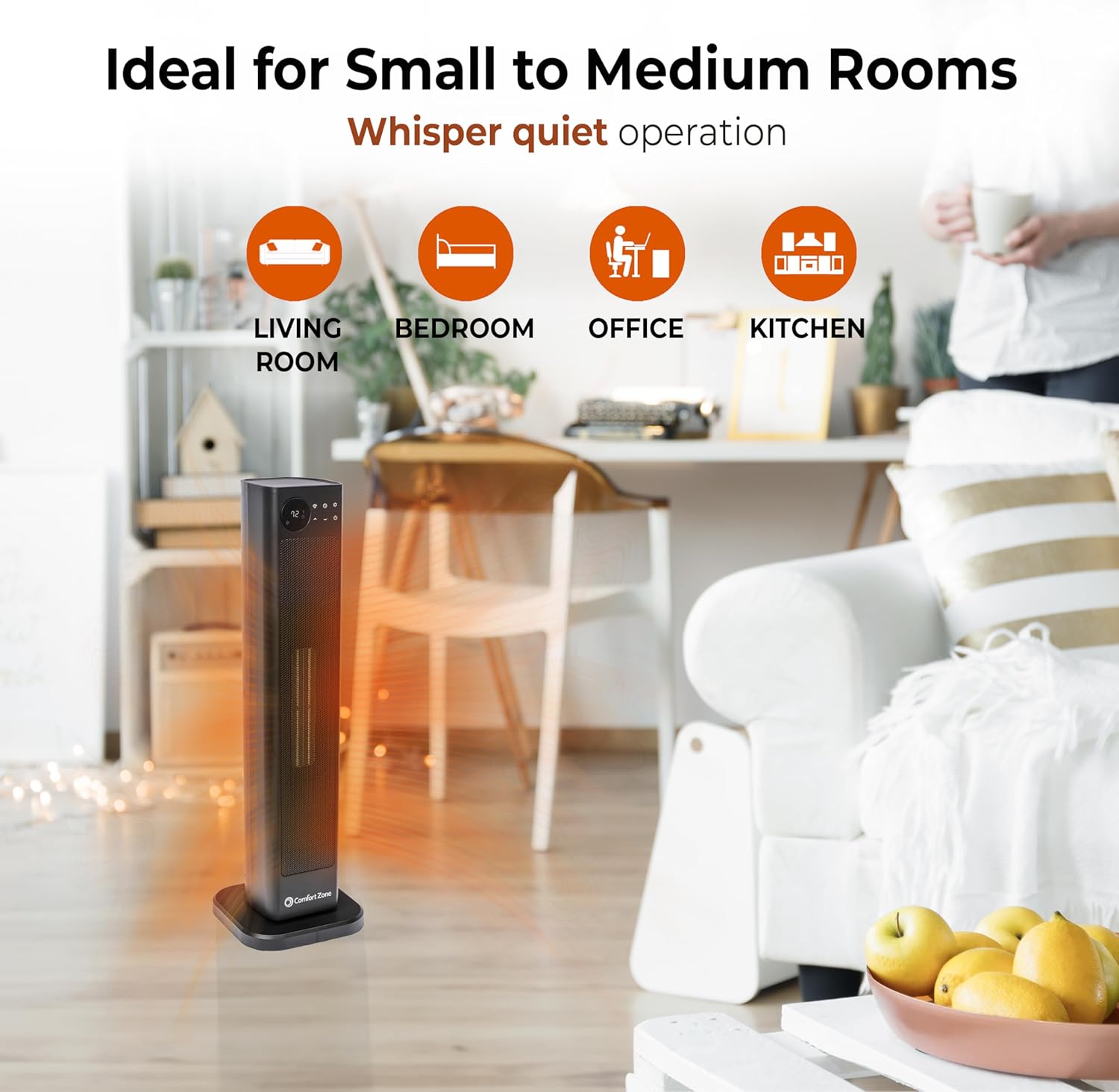 Comfort Zone 30-Inch Oscillating Tower Space Heater with Remote Control – 1500W High Velocity Ceramic Heater, Digital LCD Thermostat, 12-Hour Timer, ECO Mode, Safety Tip-Over & Overheat Protection