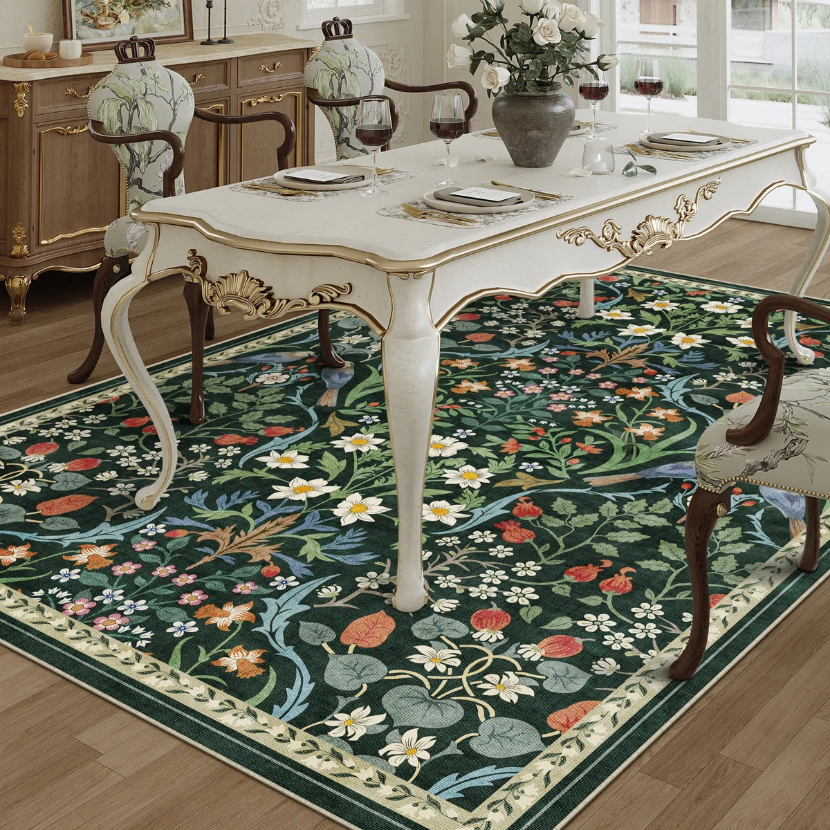 Guston Machine Washable Floral Area Rug with Non-Slip Backing