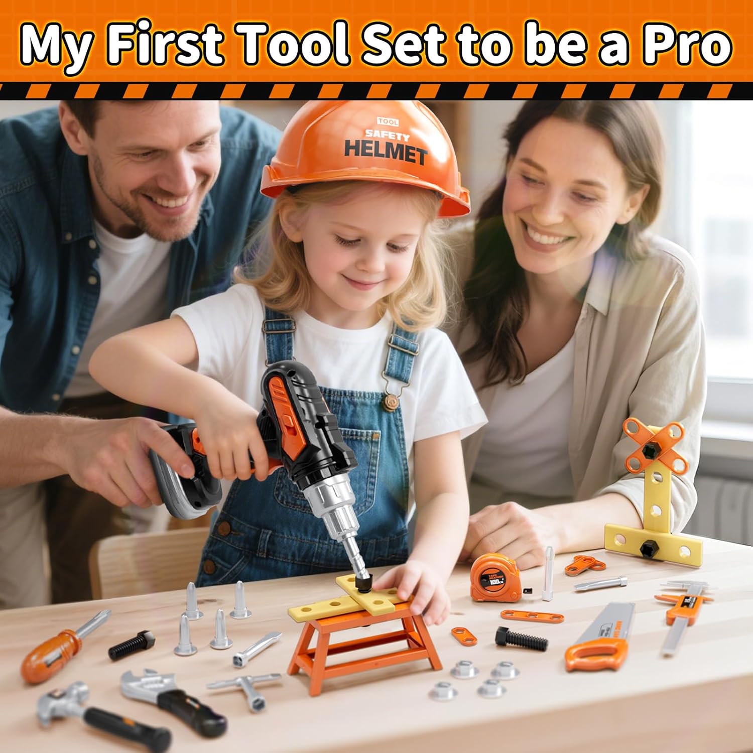 KidBloom Toddler Tool Set with Backpack, 50 PCS Kids Tool Set with Electronic Toy Drill, Safety Helmet & DIY Parts, Toys for 3 4 Year Old Boys