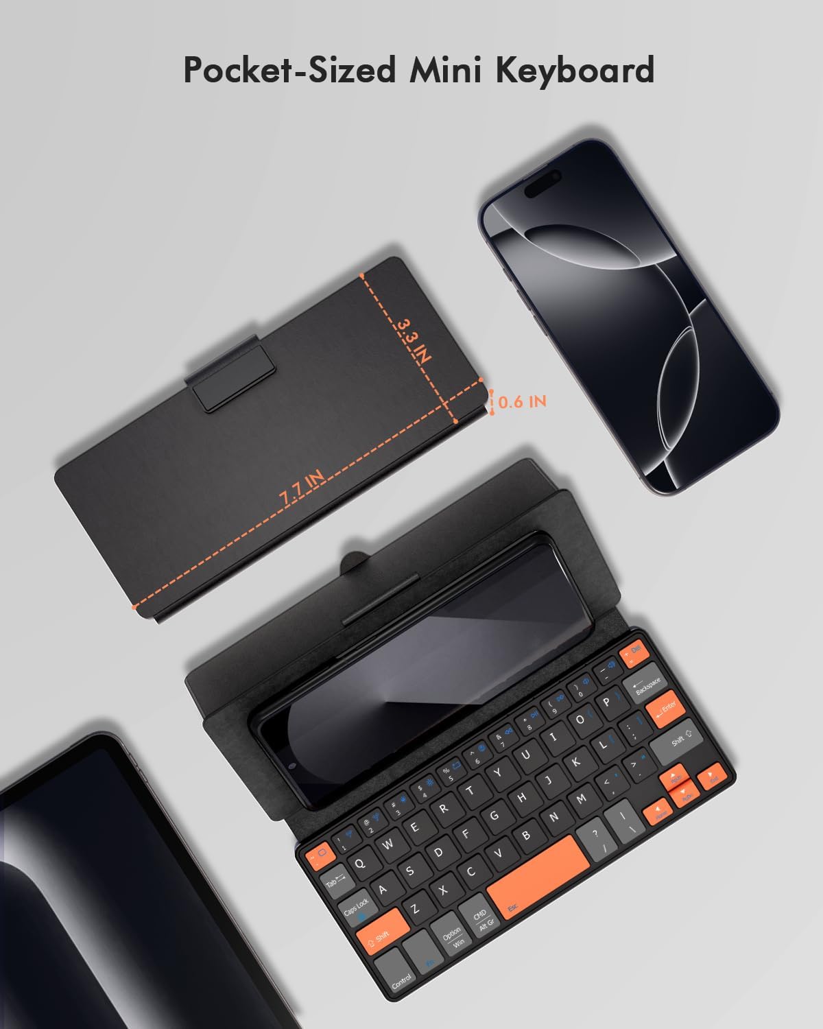 Doohoeek Universal Bluetooth Mini Keyboard, Wireless Compact Keyboard with Orange Navigation Keys & Any-Angle Stand for Android/iOS/Windows, Dual-Device Keypad for Phones/Galaxy Z Fold/iPad mini