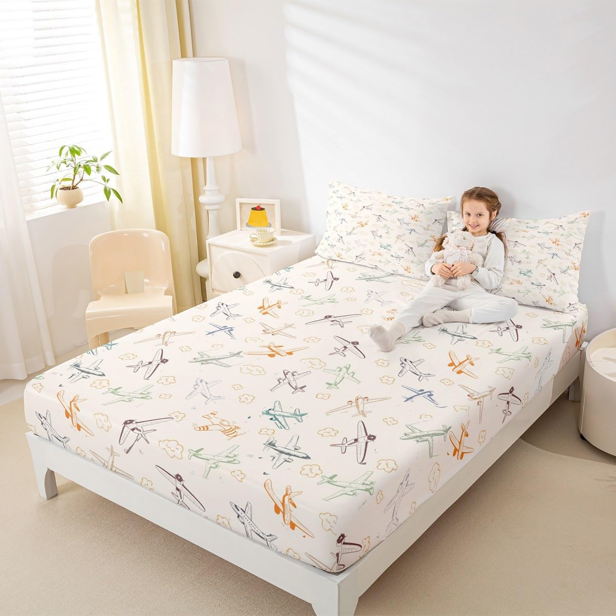 Homewish Airplane Boys Bottom Sheet Twin Size 2Pcs,Watercolor Plane Hand Drawn Fitted Sheet for Kids Girls Teens Bedroom Decor Modern Beige Deep Pocket Sheet Soft Bed Sheet,No Flat Sheet,1 Pillowcase Multi 17 TWIN (W39*L75*H16)