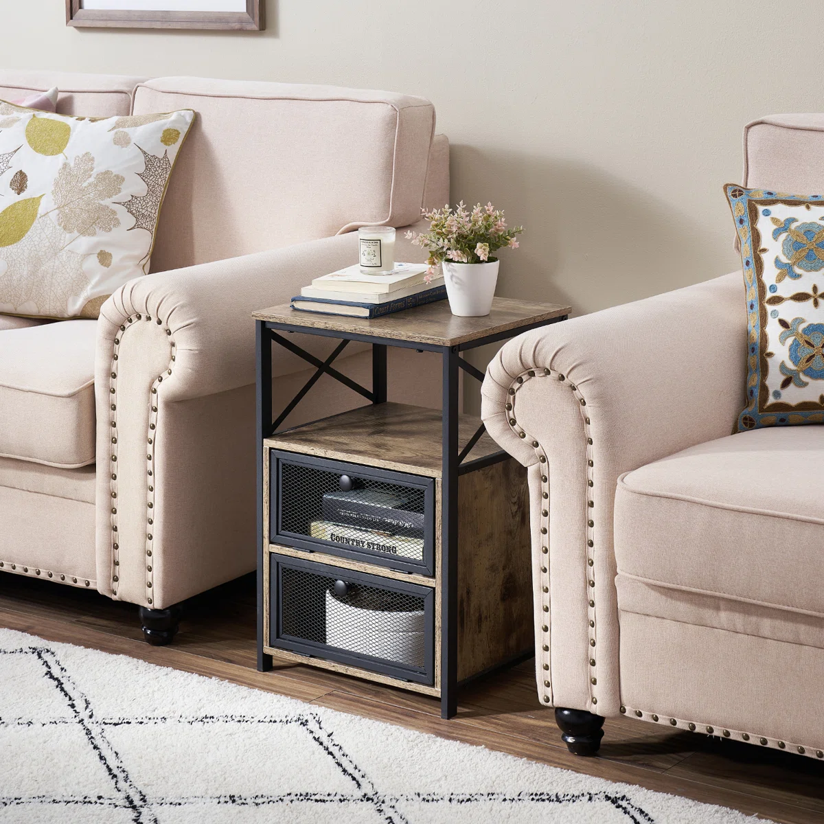 Kempst Nightstand Set 2, Small Bedside Table with Drawers, Narrow Side End Table with Open Shelf, 2 Drawer Dresser for Bedroom/Living Room/Dorms