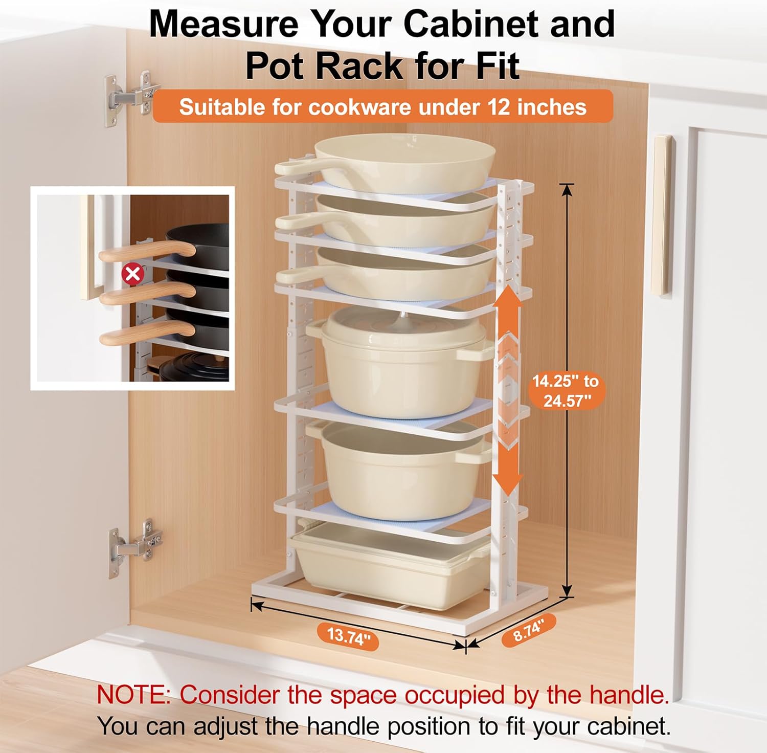 LAMU Pots and Pans Organizer for under Cabinet, 6-Tier Heavy Duty Pan Pot Organizers inside Cabinet Adjustable 14 to 24.57, Pot Rack Kitchen Cabinet Organization and Storage Holds up to 12 Cookware Blanco