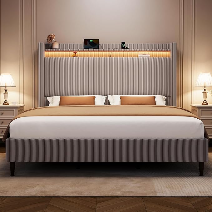 LED Bed Frame, Corduroy Upholstered Platform with 60" Tall Headboard & Charging Station