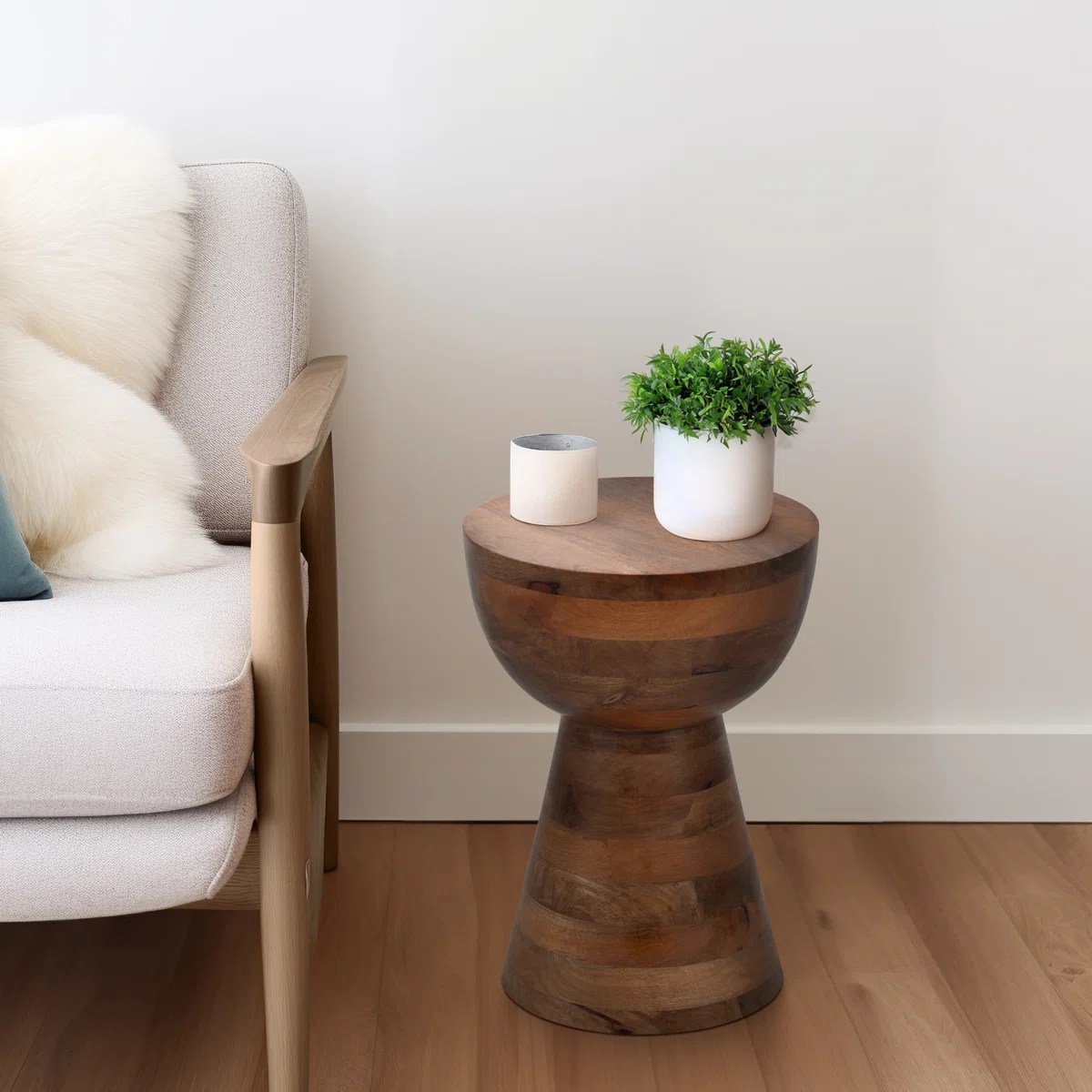 Odera Accent Table Wood Mango MDF Round Top Tapered Base 13x13x18 Inches Brown Polished Finish for Home Office Bedroom Living Room Use