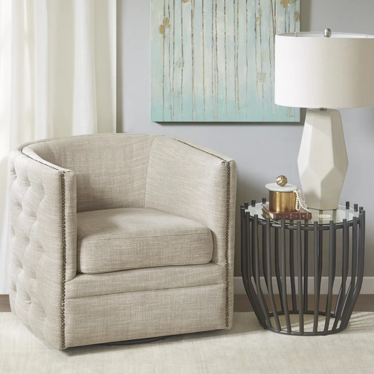 Arazia 360-Degree Swivel Barrel Chair with Tufting and Nail Heads