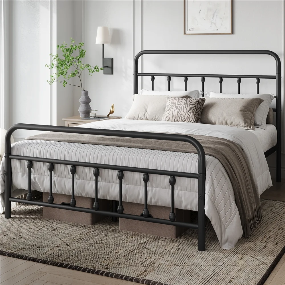 Classic Iron Platform Bed with High Headboard and Footboard