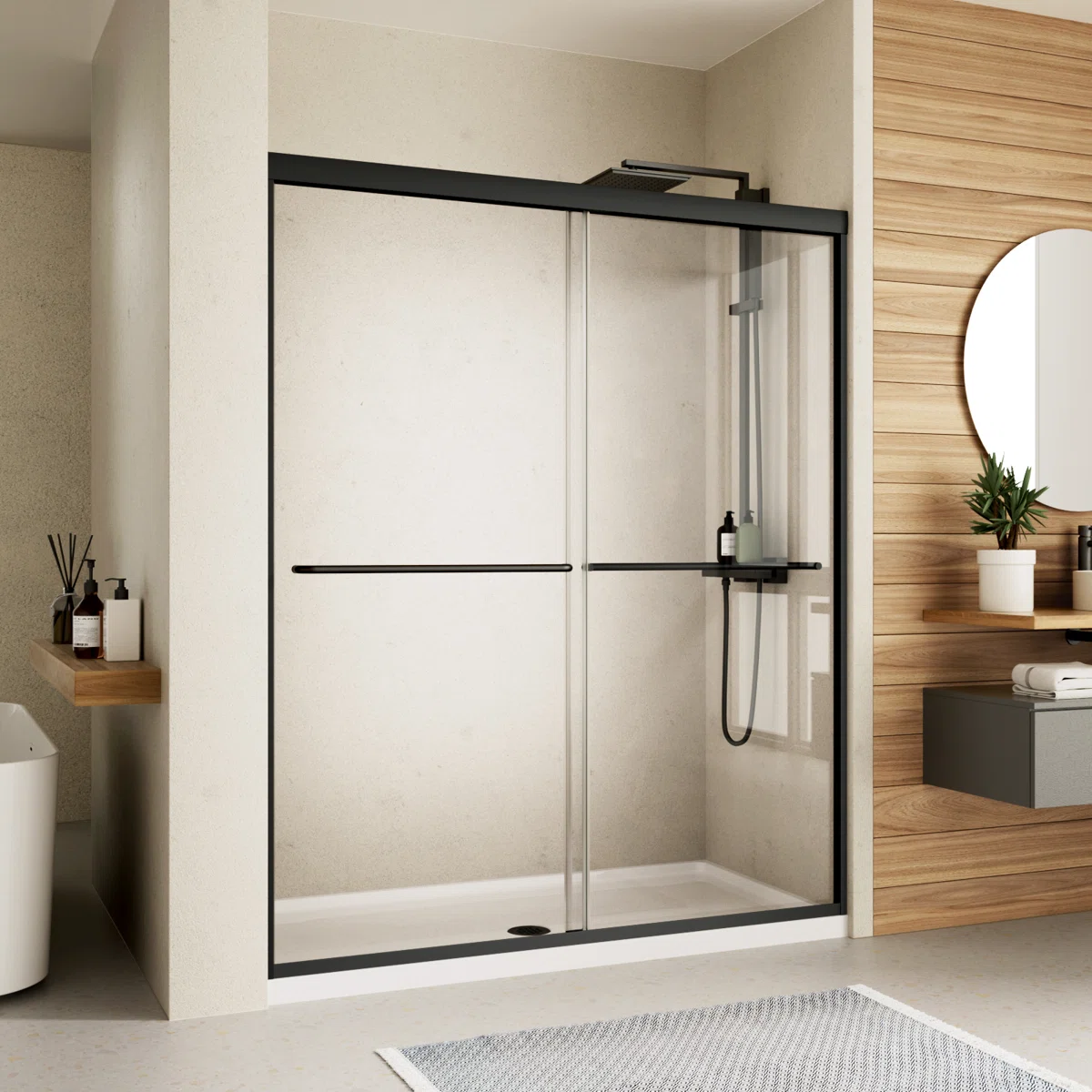 44-48" W x 70" H Framed Shower Door Double Sliding Door with 1/4" (6mm) Clear Tempered Glass, 2 Towel Bars for Walk-in Bathroom, Reversible Installation Shower Doors