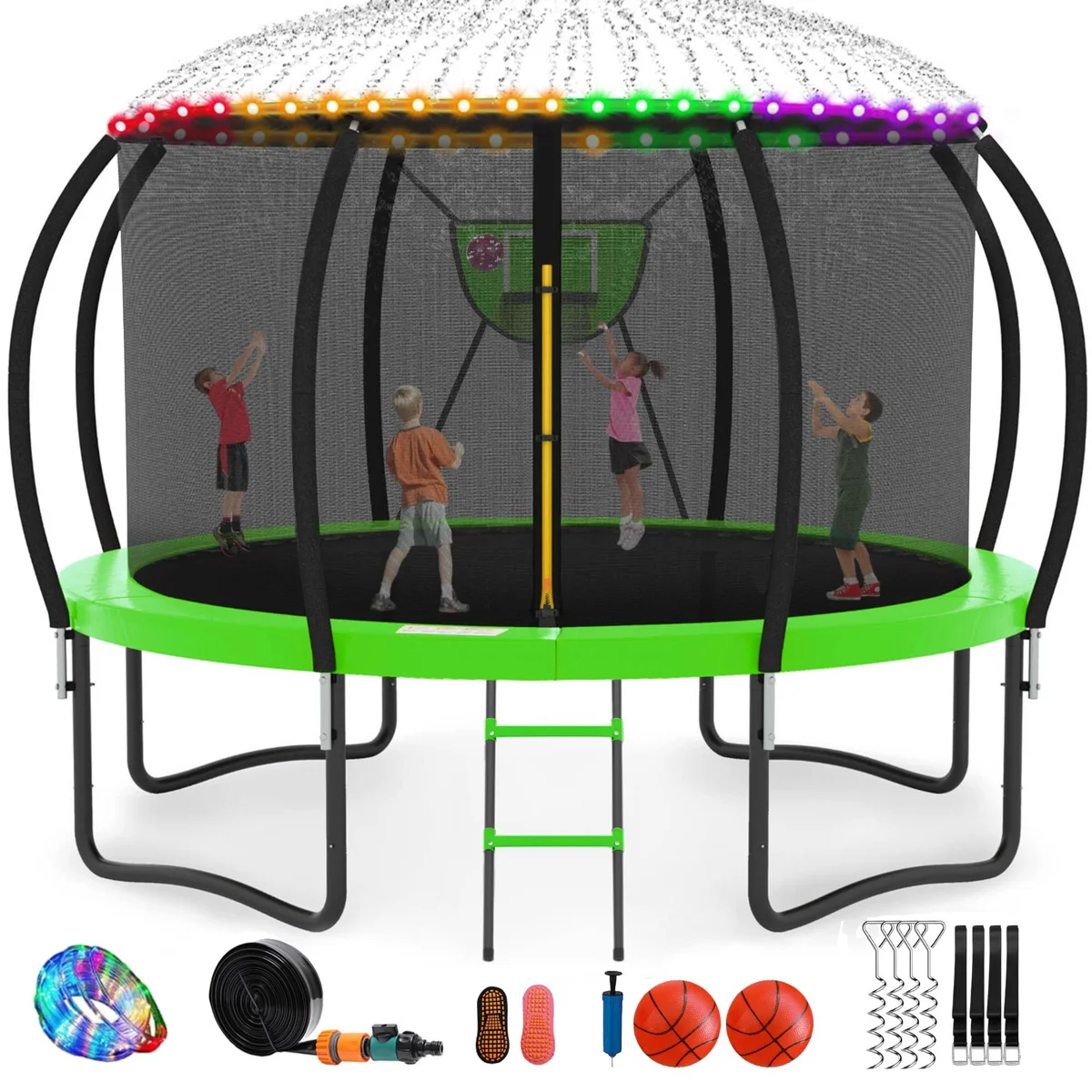 Round Backyard Trampoline With Safety Enclosure, Basketball Hoop, Sprinkler, Lights