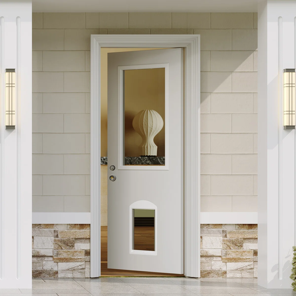 Entry Door Slab With Magnetic Pet Door & Deadbolt Lock – 1-Lite Clear Glass, White Primed Solid Wood, Stainless Steel Lock Hardware (Single-Key System)