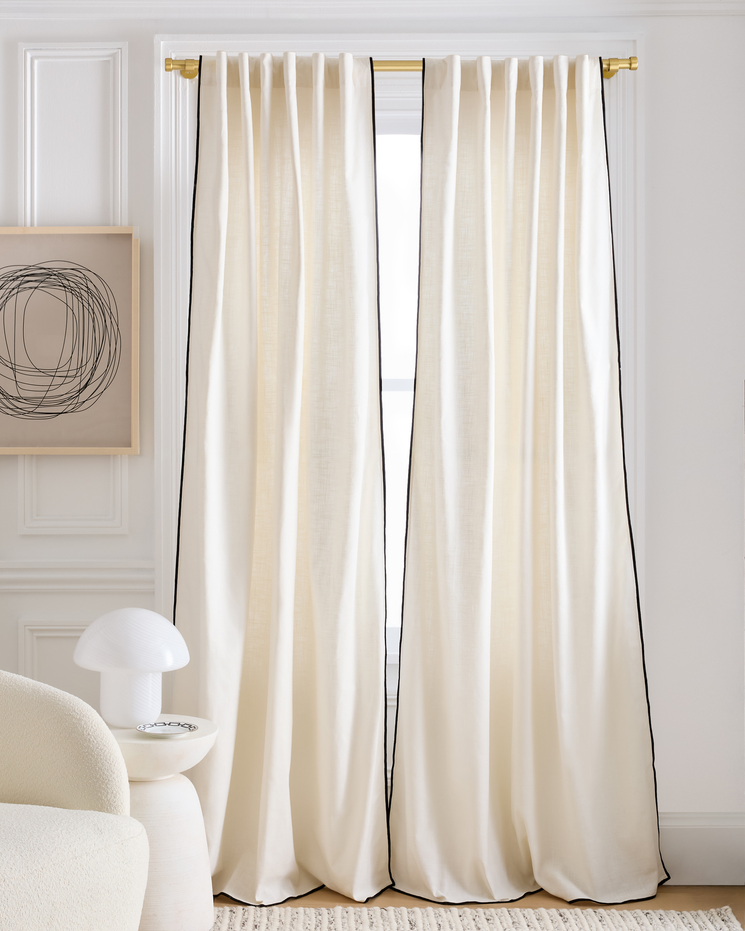 Piped Edge Cotton Curtain, 48x96, Ivory/Black Piping