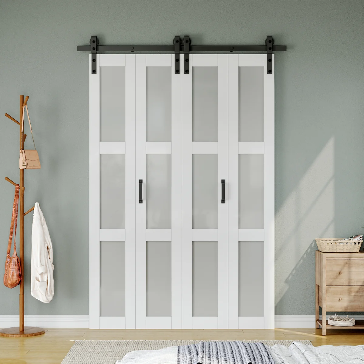 Bi-fold Barn Closet Door 3-Lite Frosted Glass & Manufactured Wood Interior Bi-fold Barn Door with Installation Hardware Kit(Perfect for Closet Room,Pantry,Laundry and Other Small Rooms)