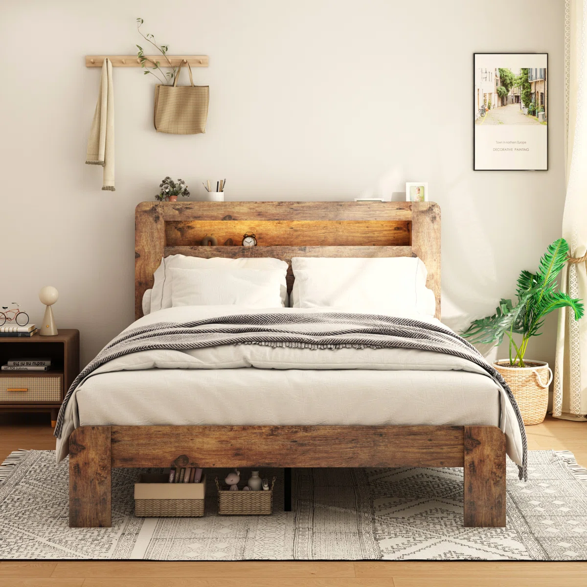 Bed Frame Full Size, Wooden Platform Bed Frame With Storage LED Light Headboard And 2 USB, No Noise, No Spring Mattress Required And Simple Assembly Tools, Large Underbed Storage