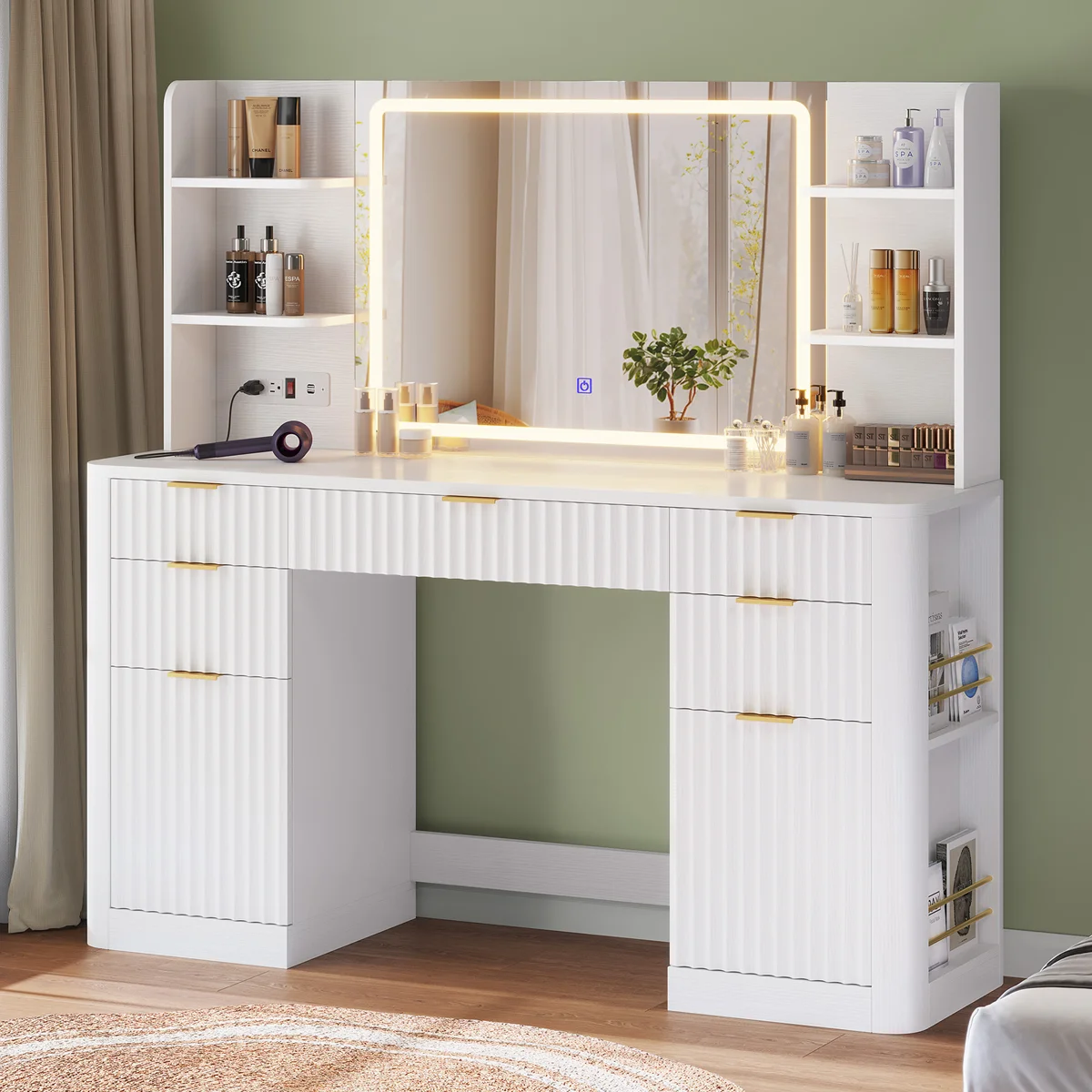Box b Fluted Makeup Vanity Desk With Large Mirror And Lights, Vanity With Power Strip, 6 Open Shelves, 2 Cabinets,5 Drawer, Modern Dressing Table For Bedroom