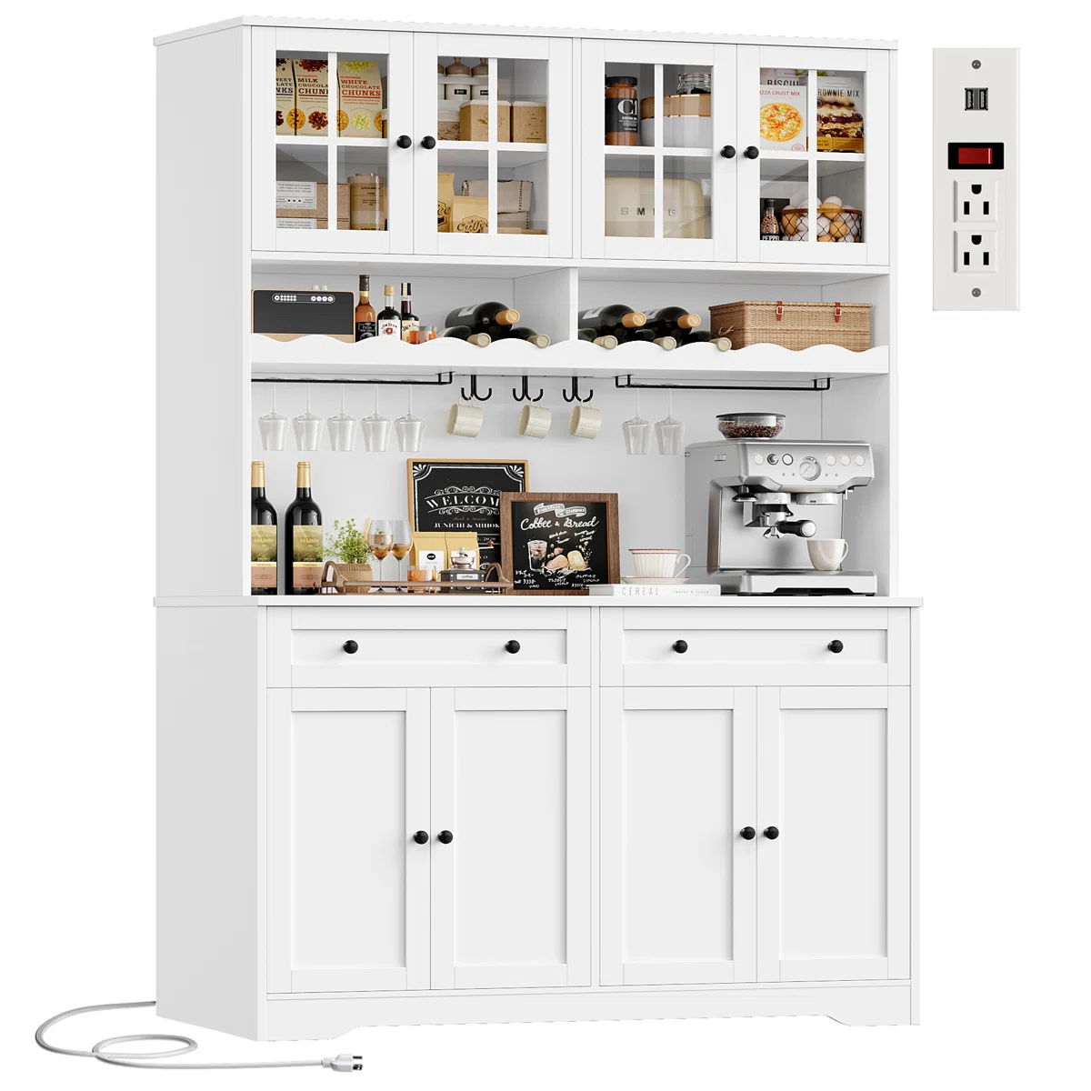 Dayal 75.4"H Modern Kitchen Pantry Cabinet with Charge Station, Large Food Pantry with Microwave Shelf & Wine Storage, Removable Goblet Holder (Box 1)
