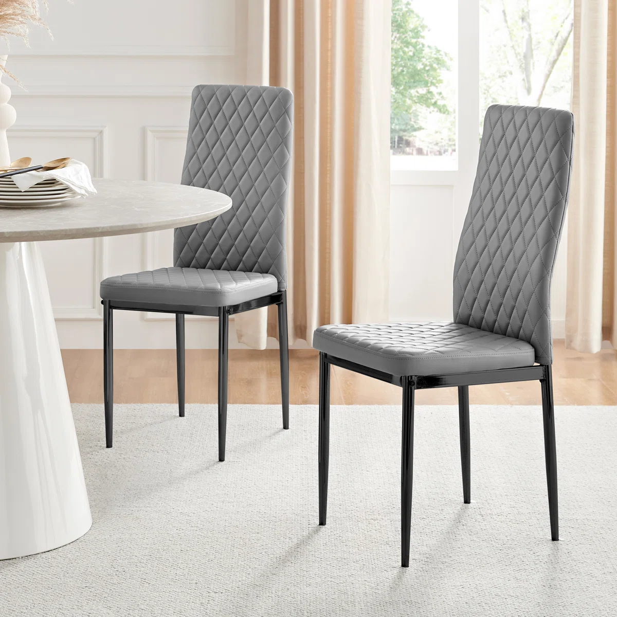 Morgan Hatched Faux Leather Sleek Metal Leg Luxury Dining Chairs
