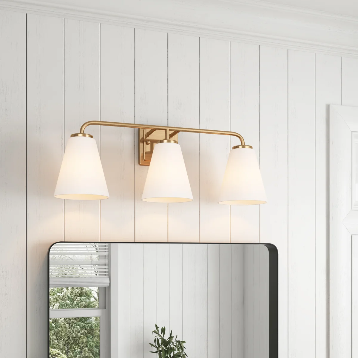 3 Light Brass Gold Bathroom Light Fixtures with Beige Glass