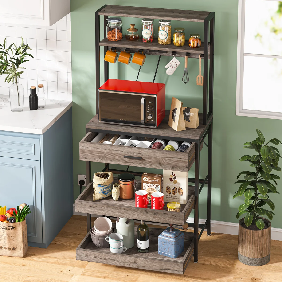 4 Power & USB Outlets 5-Tier Kitchen Bakers Rack Microwave Oven Stand Drawers Sliding Shelves, Freestanding Storage Shelf Organizer With 6 Hooks, Multi-Functional Rozel Coffee Bar Station