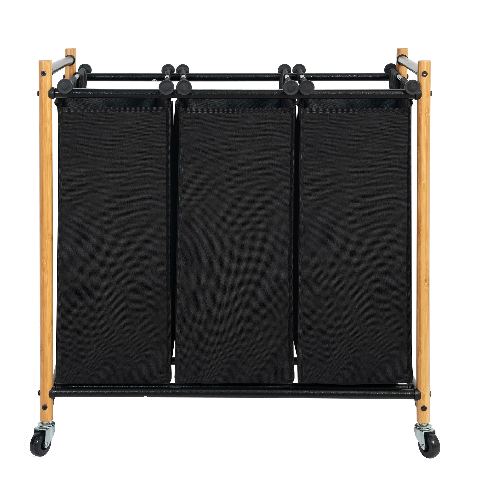 Laundry Sorter Hamper with Wheels, Heavy-Duty Laundry Basket Sorter Rolling Cart with Lockable Wheels and Removable Bags, Laundry Cart 3 Sections, Bamboo