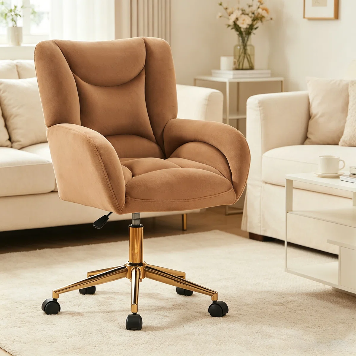 Luxurious Velvet Swivel Home Office Chair With Ergonomic Design, Gold Metal Base, And Universal Wheels For Comfort And Style