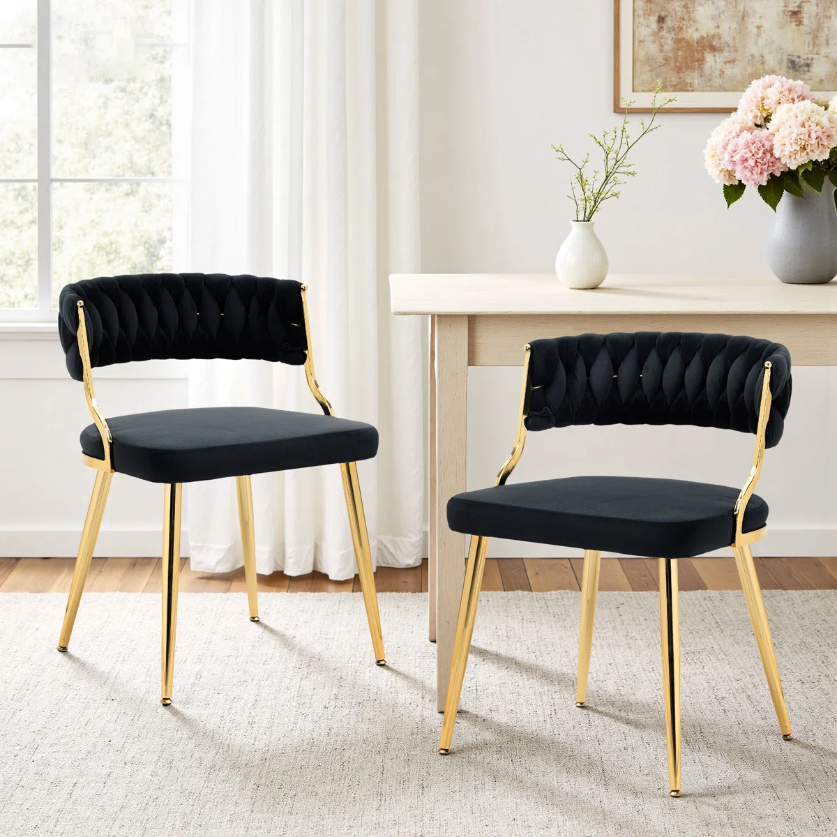Christal 2 Piece Tufted Velvet Curved Weaved Back with Metal Legs Side Dining Chair Set