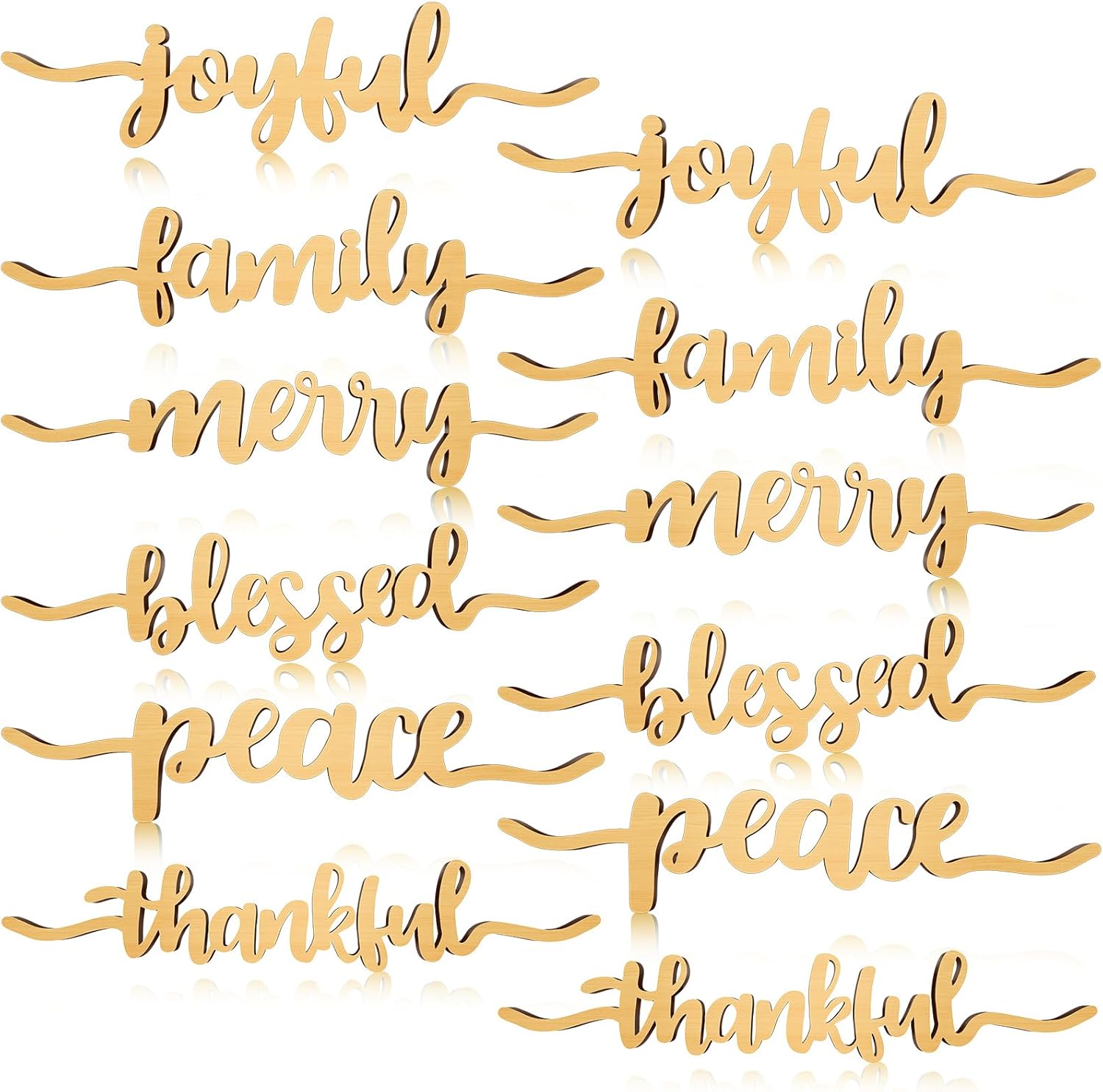 Jetec 36 Pieces Christmas Thankful Blessed Merry Joyful Peace Family Wood Cutout Rustic Thankful Plate Letter Sign Decor Inspirational Letter Wood Sign for Home Table Plates Table Gold Elegant Style