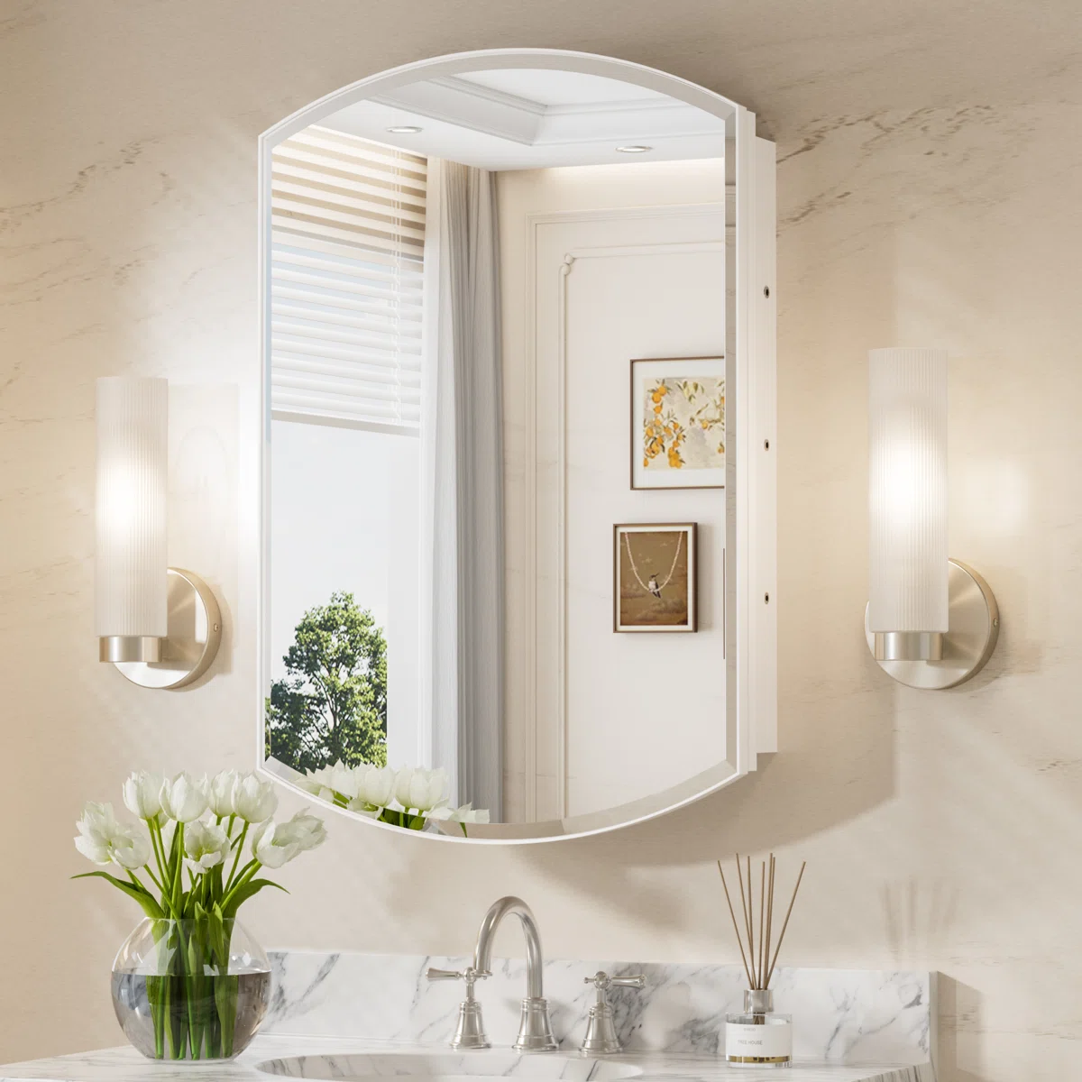 Arch Medicine Cabinet with Storage, Beveled Glass, Adjustale Shelves,Metal Frame