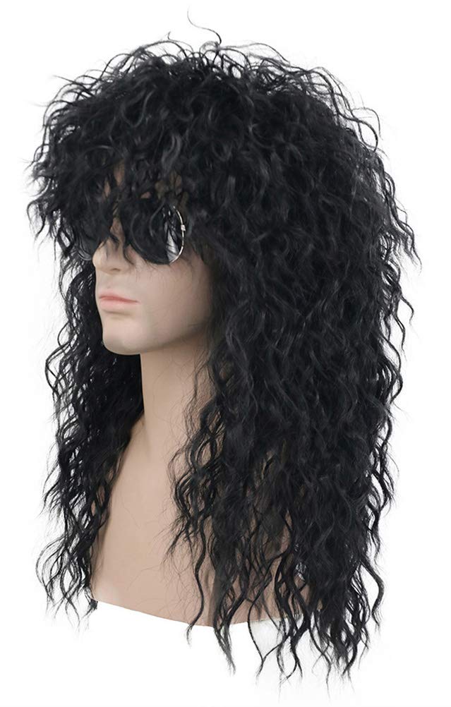 karlery 70s 80s Rocker Metal Mullet Wig Mens Long Curly Black Wig for Halloween Costume Anime Party Black 2 Piece Set