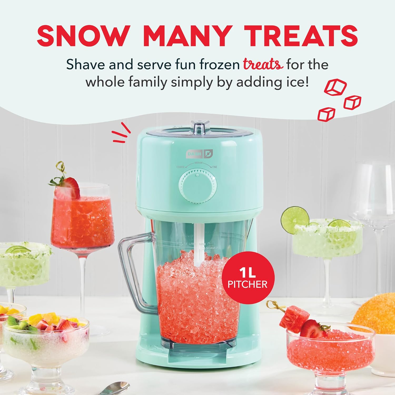 Dash Deluxe Shaved Ice & Slushy Maker - Easy-to-Use Slushy & Snow Cone Maker - Includes Serving Pitcher & Recipe Guide for Homemade Treats - Aqua Deluxe Shaved Ice Maker Aqua
