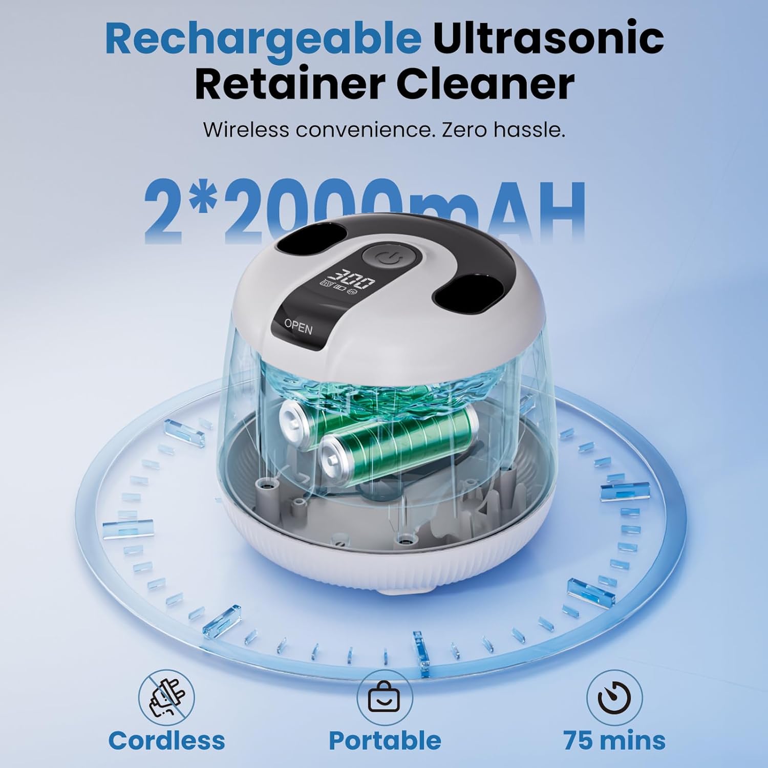 Ultrasonic Retainer Cleaner Machine, 48kHz Rechargeable Cordless Denture Cleaner with 4000mAh Battery, 200ML Dental Cleaning Pod for Dentures, Mouth Guards, Aligner, Night Guard, Jewelry White