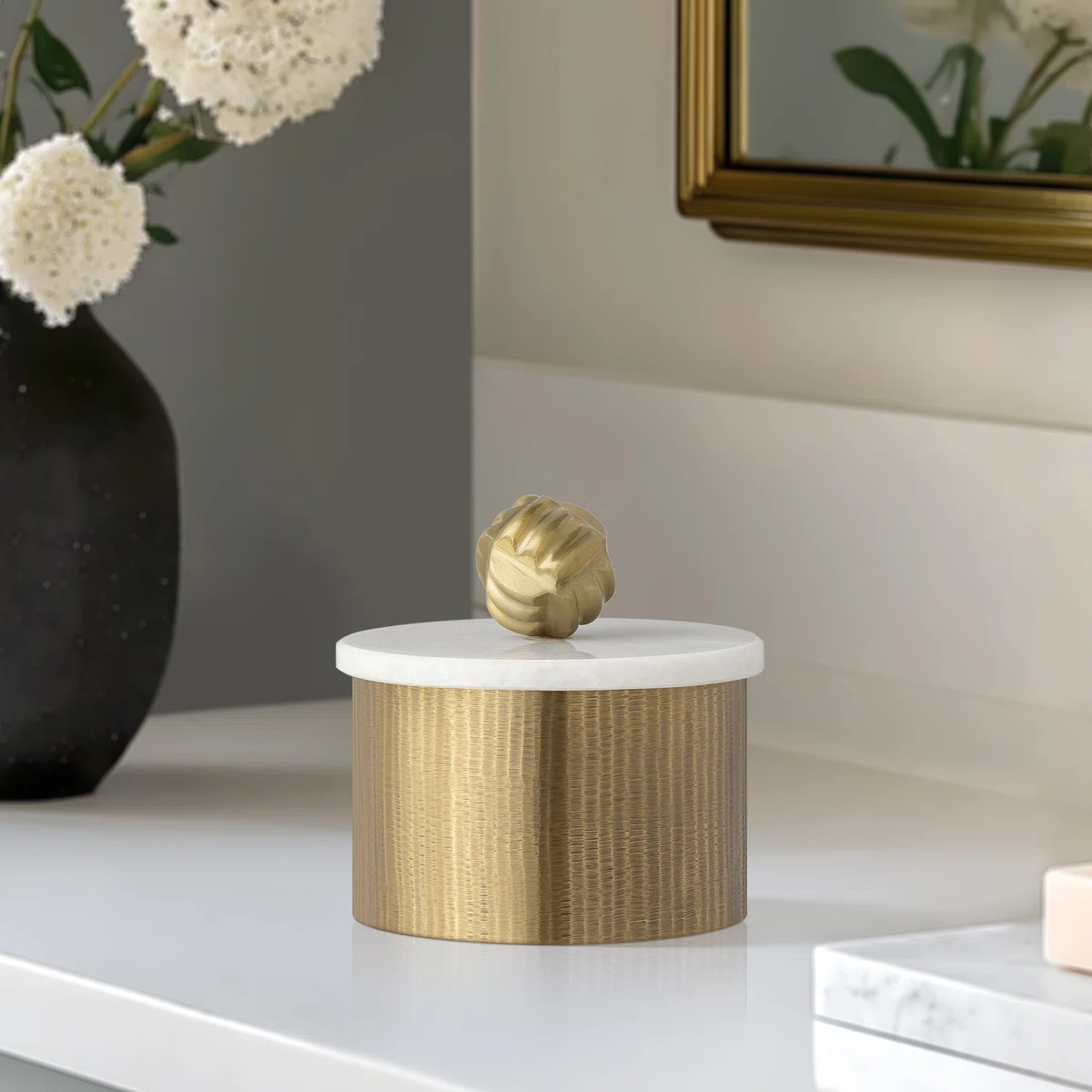 Ribbed Metal Jar With Marble Lid