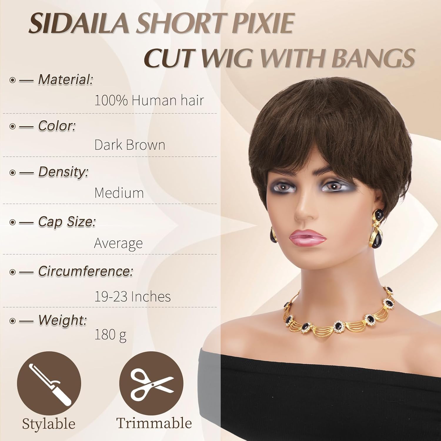 Pixie Cut Wig Human Hair for Black Women – Short Straight Human Hair Wig with Bangs, Glueless None-Lace, Ready to Wear Layered Style - Dark Brown