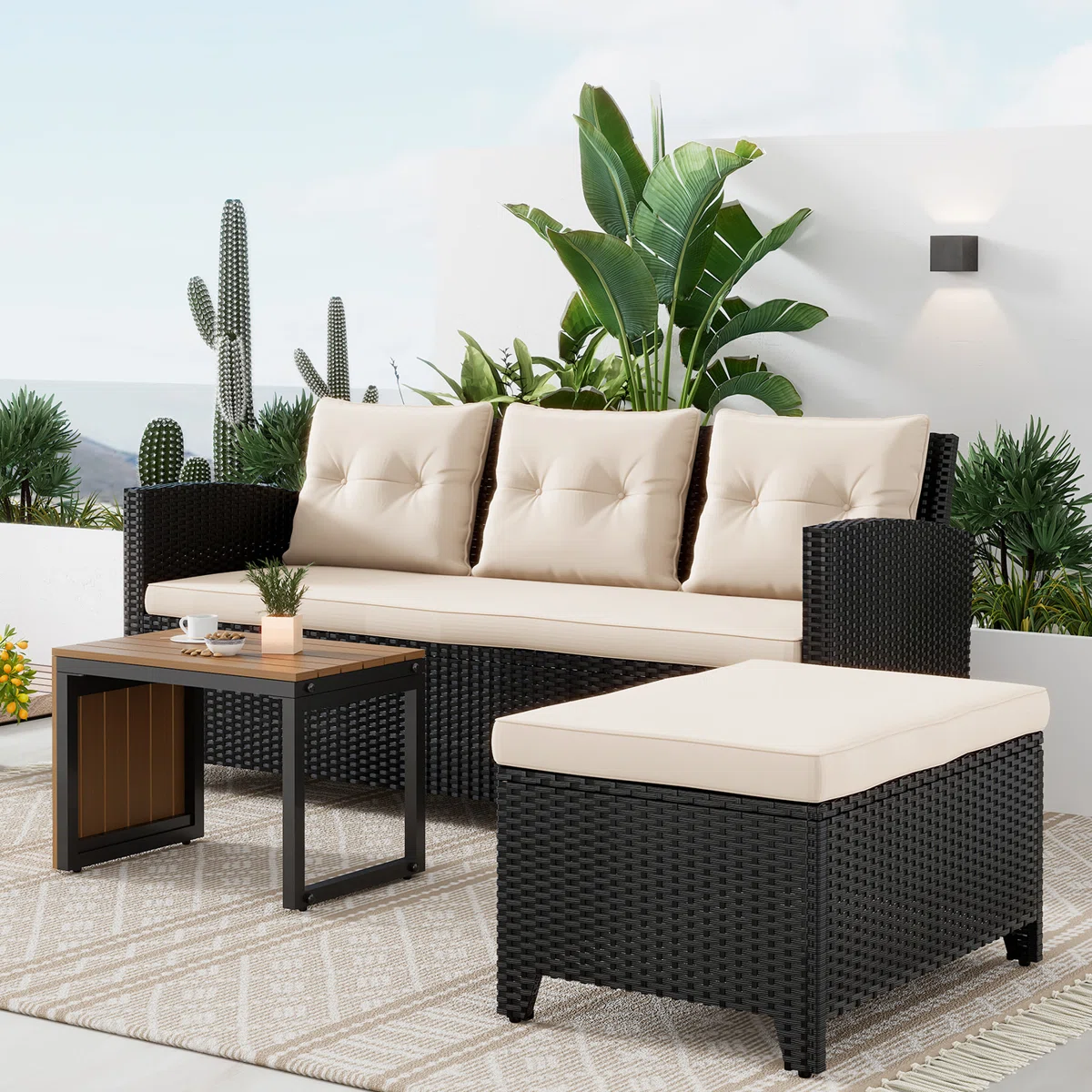 3-Piece All-Weather PE Wicker Patio Conversation Set Modular Outdoor Sectional Sofa, Patio Furniture sets with Cushions for Small Patios, Balcony & Poolside