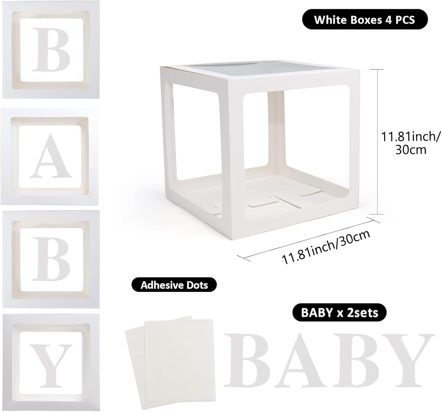 Baby Boxes with Letters, 4 Transparent Balloon for Gender Reveal Birthday Wedding Baby Shower Decorations (White)