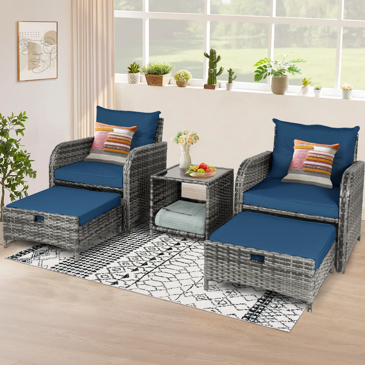 Constantino 2-Person Outdoor All-Weather Wicker Conversation Set with Ottomans and Tempered Glass Coffee Table