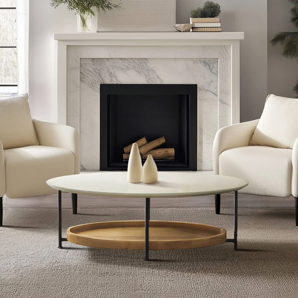 Beaumont Oval Coffee Table with Lower Tray Shelf, White & Natural Wood Finish, Metal Frame